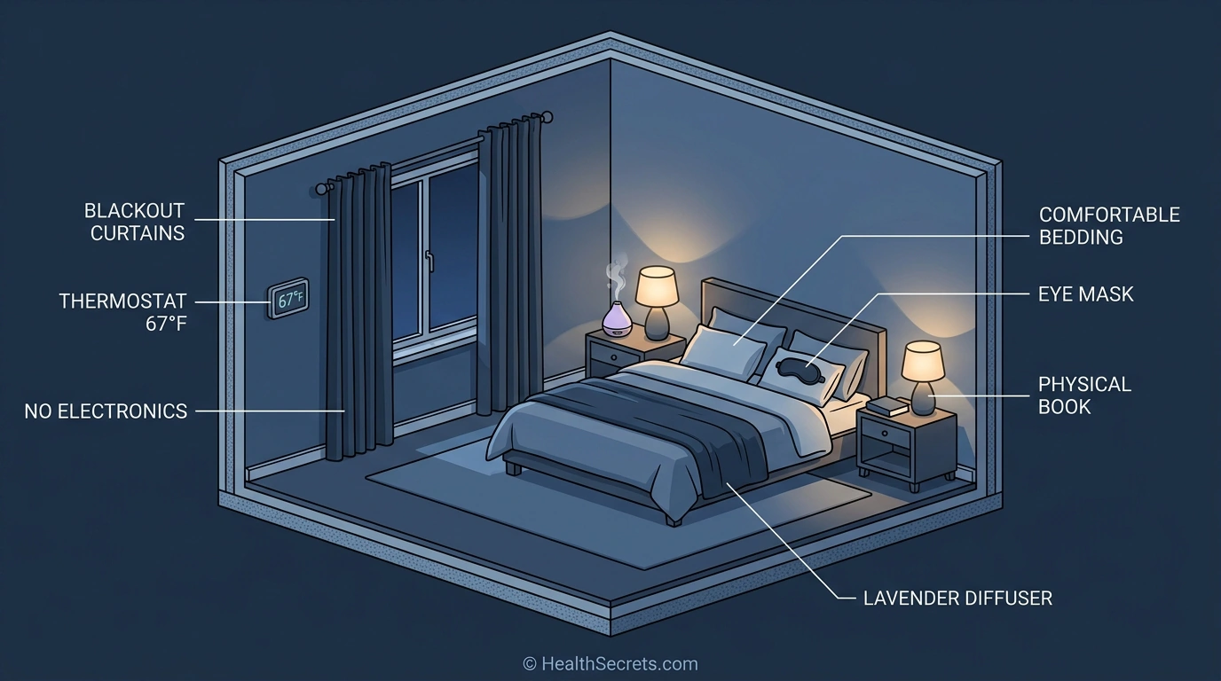 Illustrated guide to optimizing bedroom environment for better sleep with labeled elements