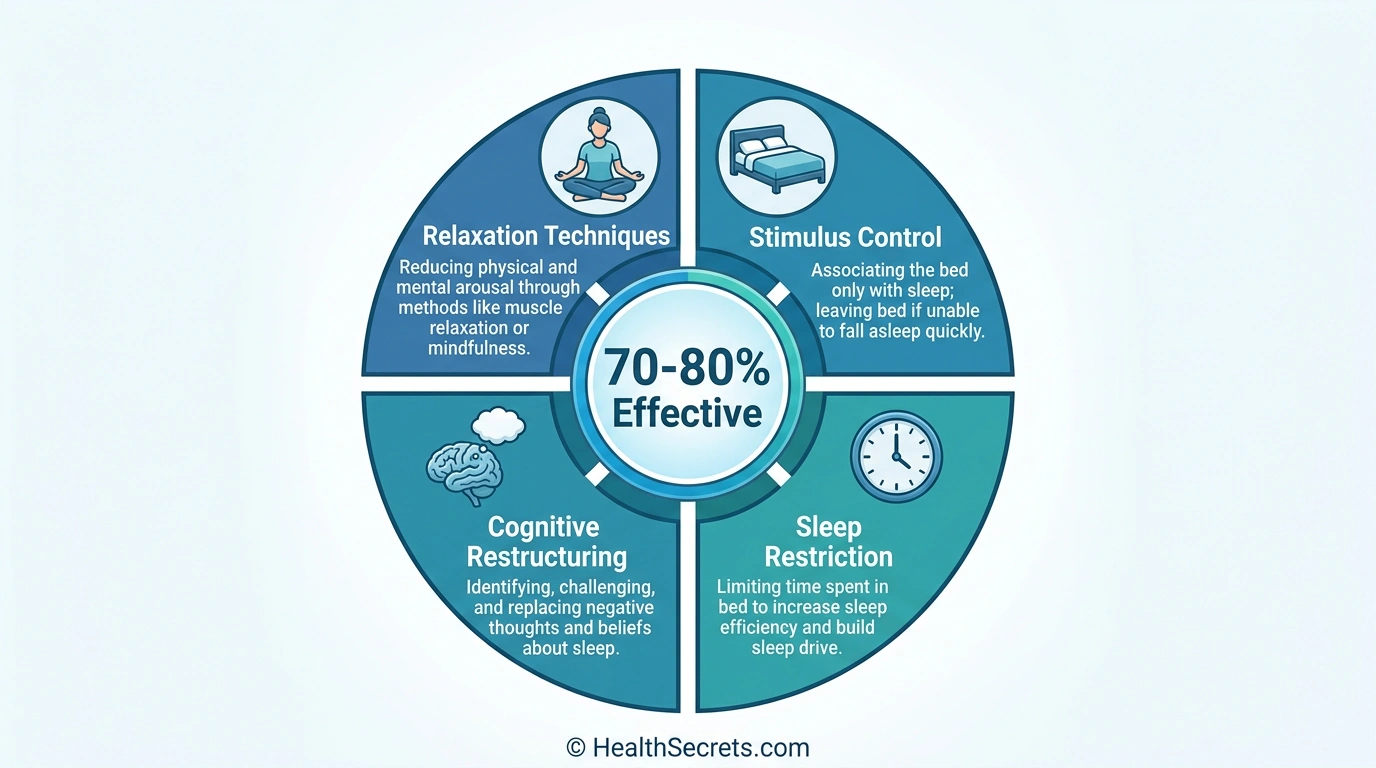 Diagram showing four components of CBT-I therapy with 70 to 80 percent effectiveness
