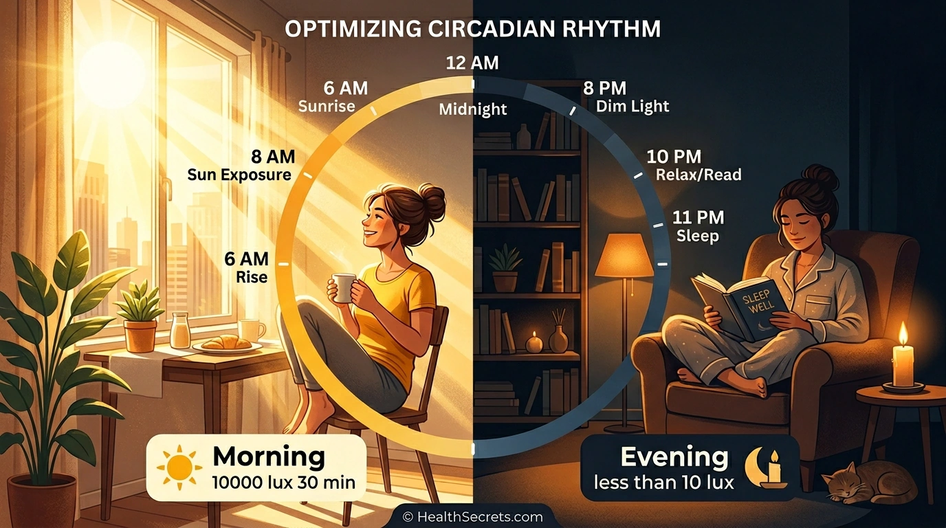 Split illustration showing morning bright light and evening dim lighting for circadian rhythm optimization