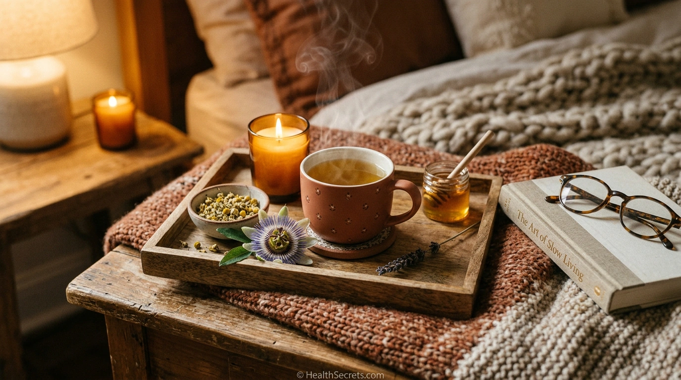 Cozy bedtime herbal tea ritual with chamomile lavender and passionflower for natural sleep