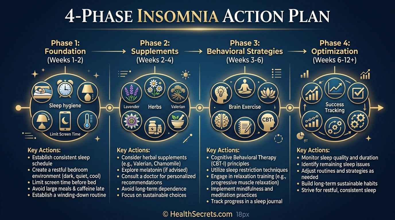 Four-phase action plan timeline for treating insomnia naturally from weeks 1 through 12