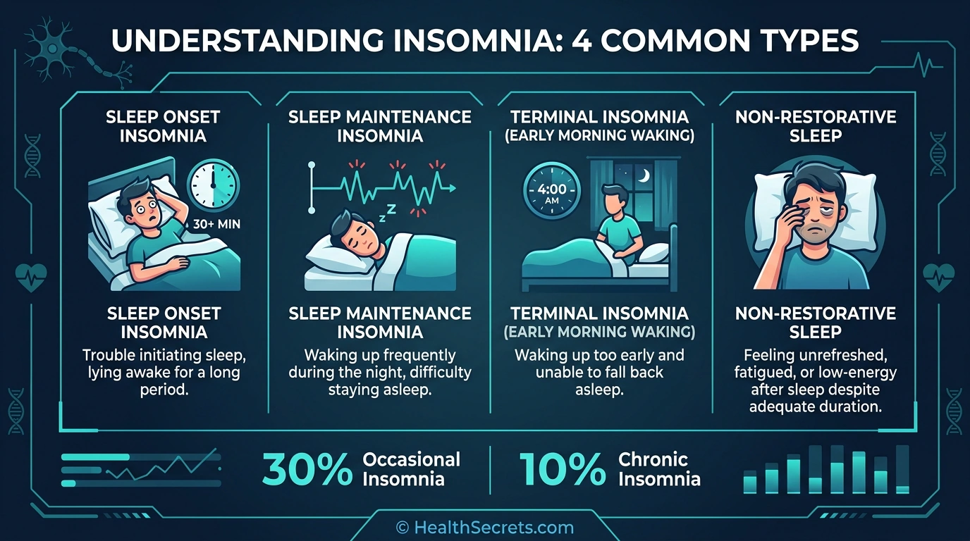 Infographic showing four types of insomnia with statistics showing 30 percent of adults affected