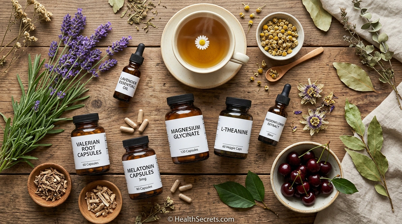 Flat-lay display of natural sleep supplements including valerian passionflower magnesium melatonin and chamomile