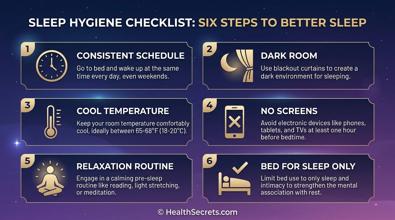 Sleep hygiene checklist infographic with six essential habits for better sleep