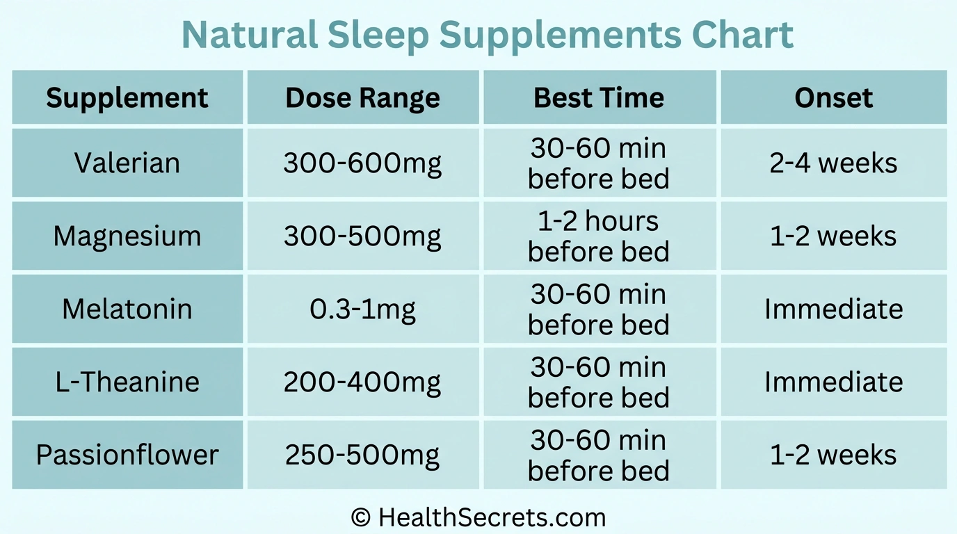 Dosing guide chart for natural sleep supplements showing amounts timing and onset