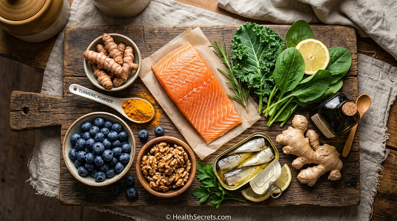 Anti-inflammatory foods for arthritis including salmon, turmeric, ginger, walnuts, olive oil, and colorful vegetables