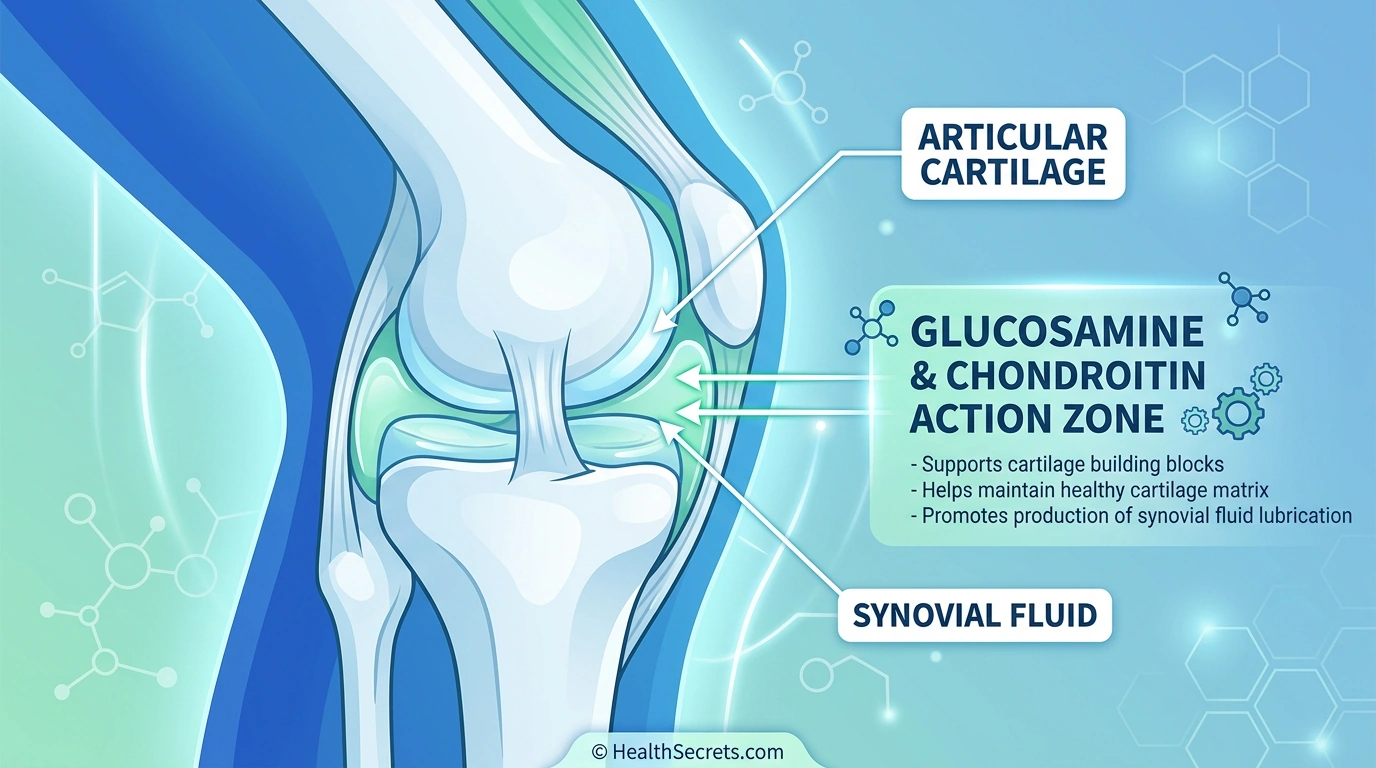 Illustration of knee joint showing where glucosamine and chondroitin support cartilage health