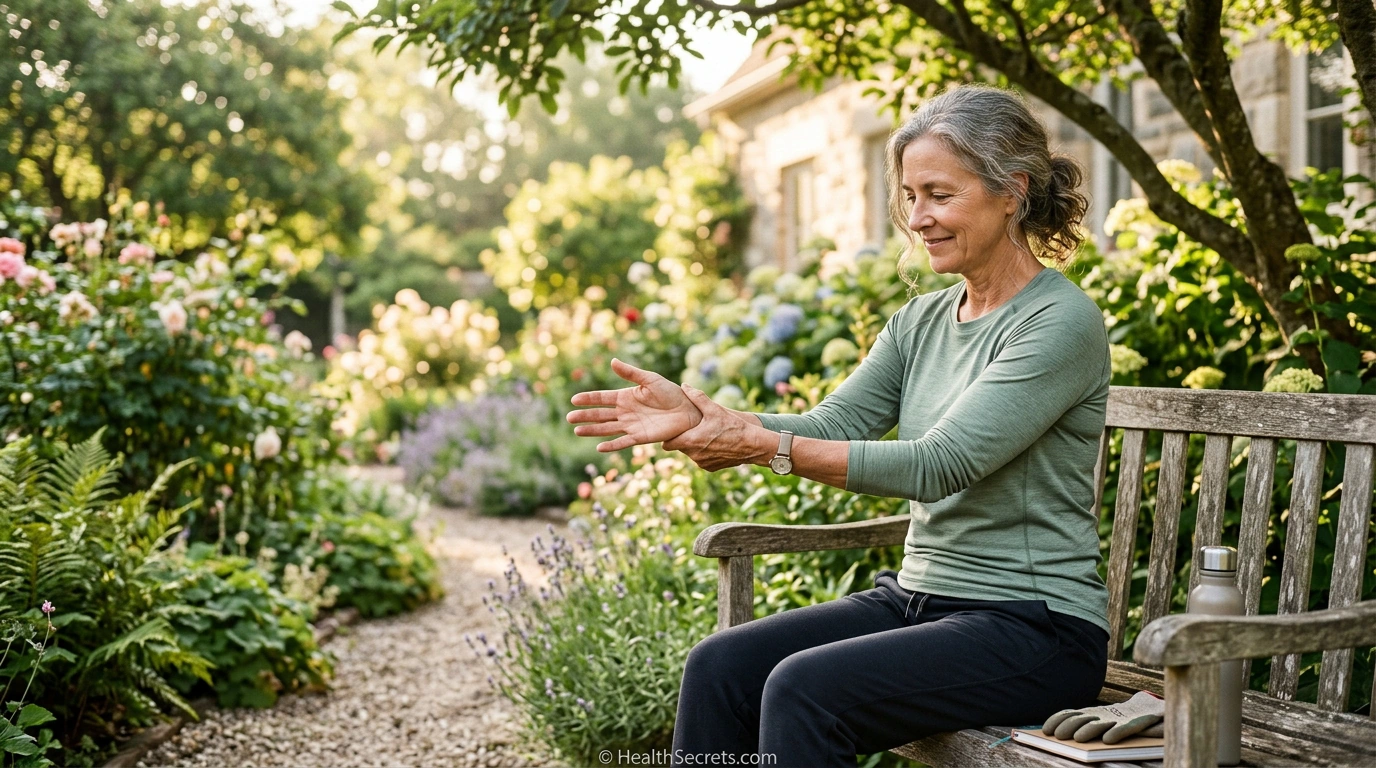 Person practicing gentle hand stretching exercises for arthritis joint pain relief in an outdoor garden