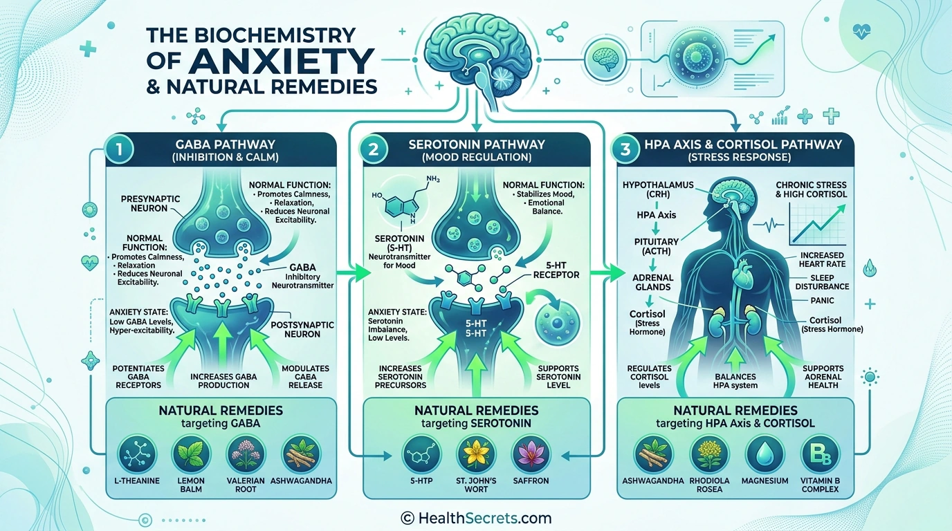 Infographic showing how anxiety affects GABA, serotonin, and cortisol pathways and how natural remedies help