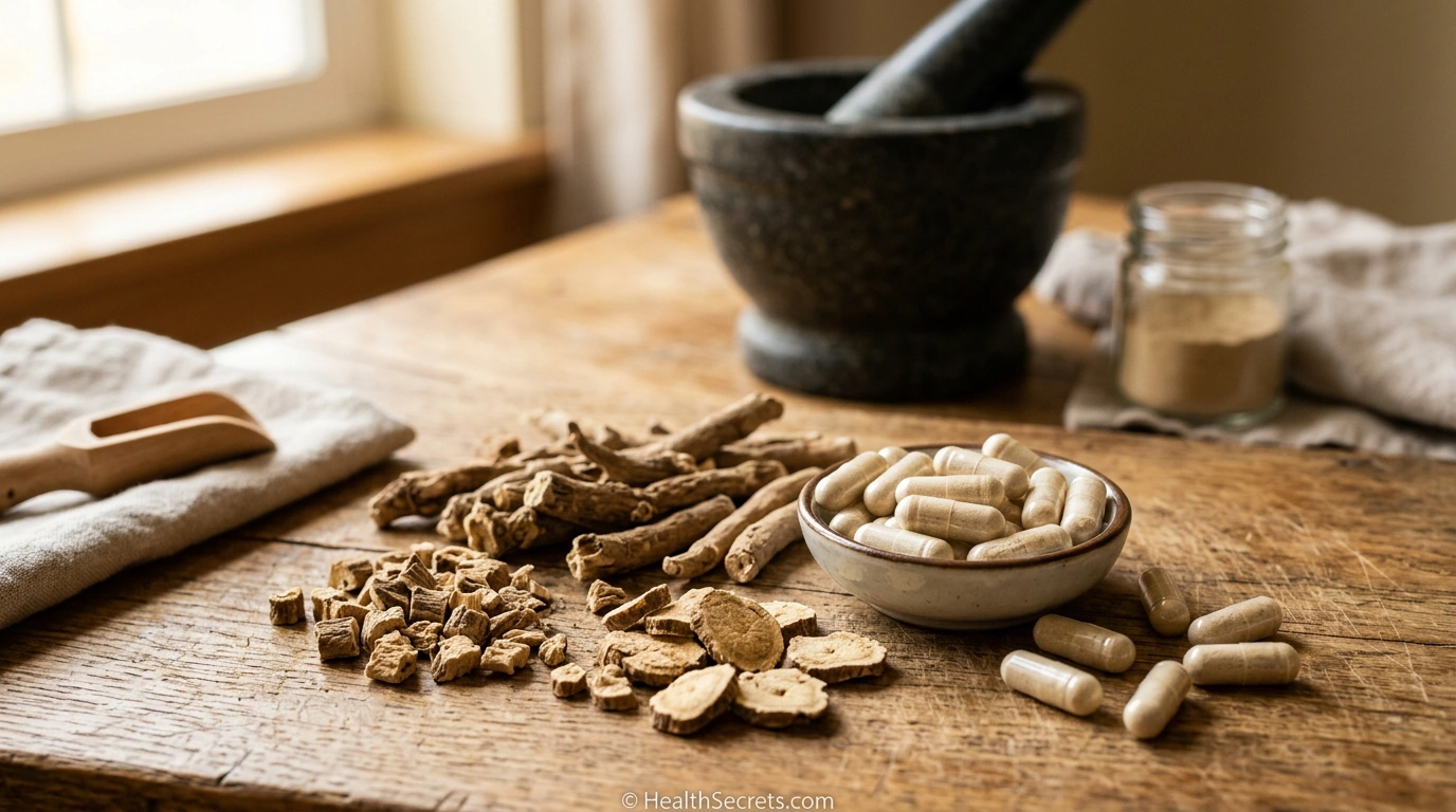 Ashwagandha root and supplement capsules for natural anxiety relief