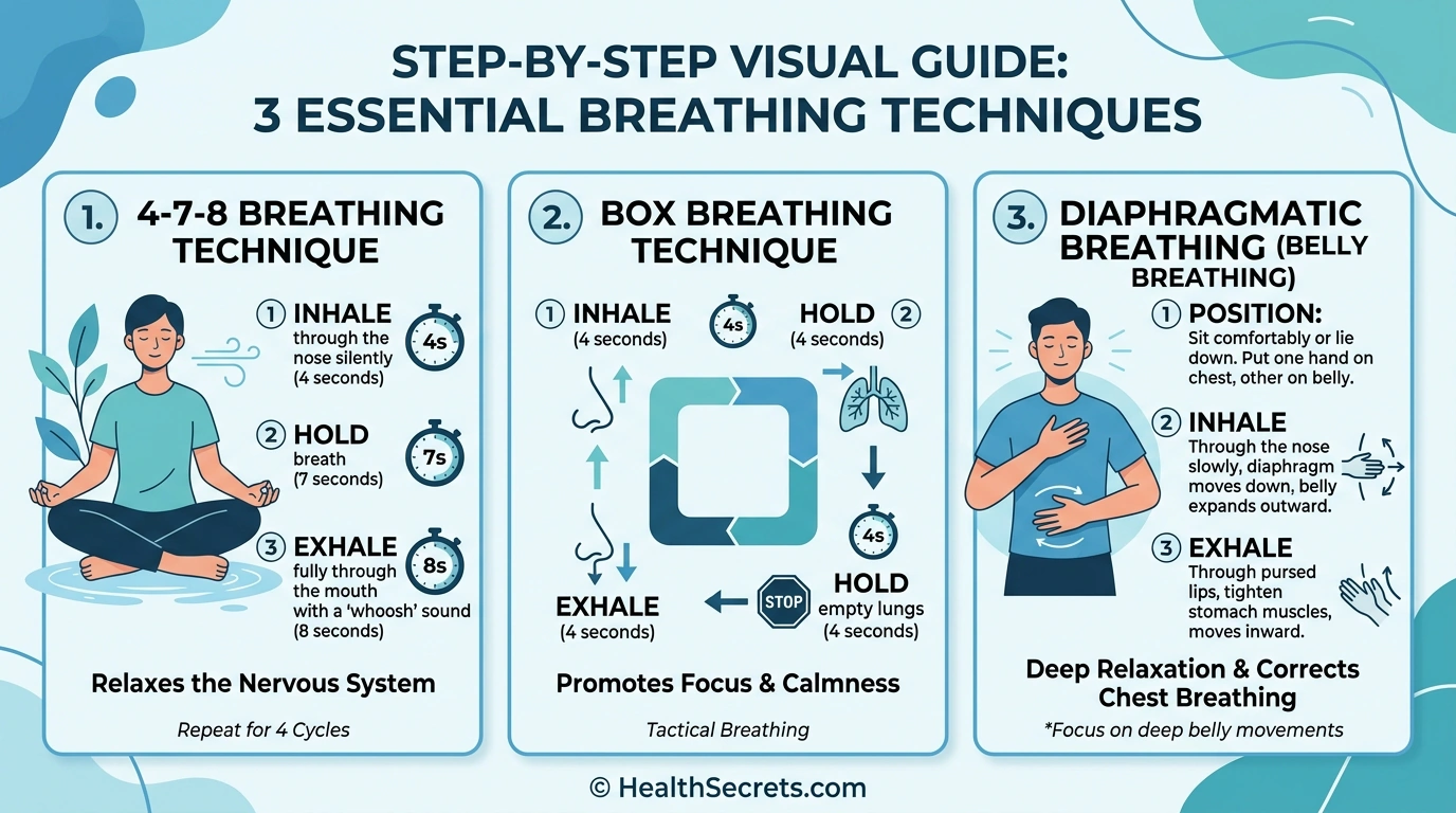 Visual guide to 4-7-8 breathing, box breathing, and diaphragmatic breathing techniques for anxiety