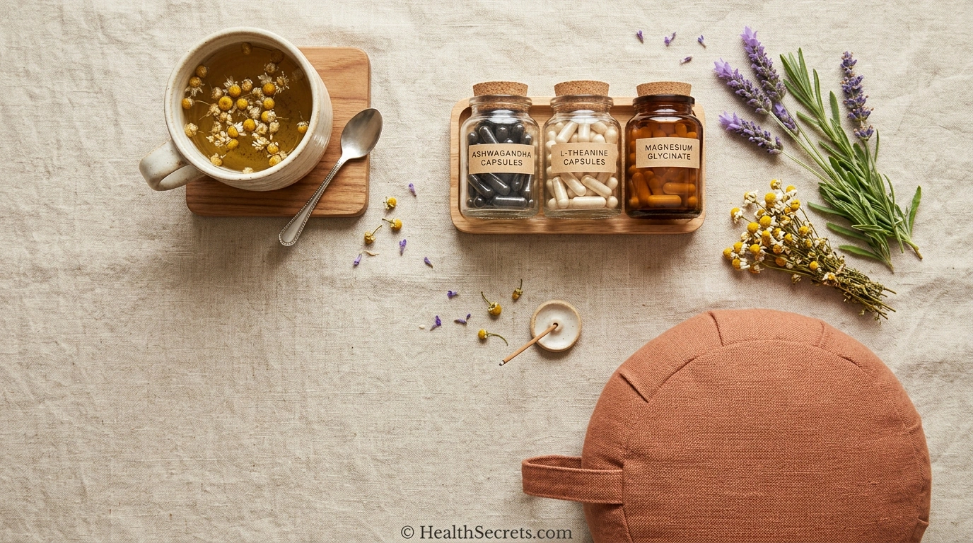 Natural anxiety remedies including ashwagandha, L-theanine, magnesium supplements, chamomile tea, and lavender