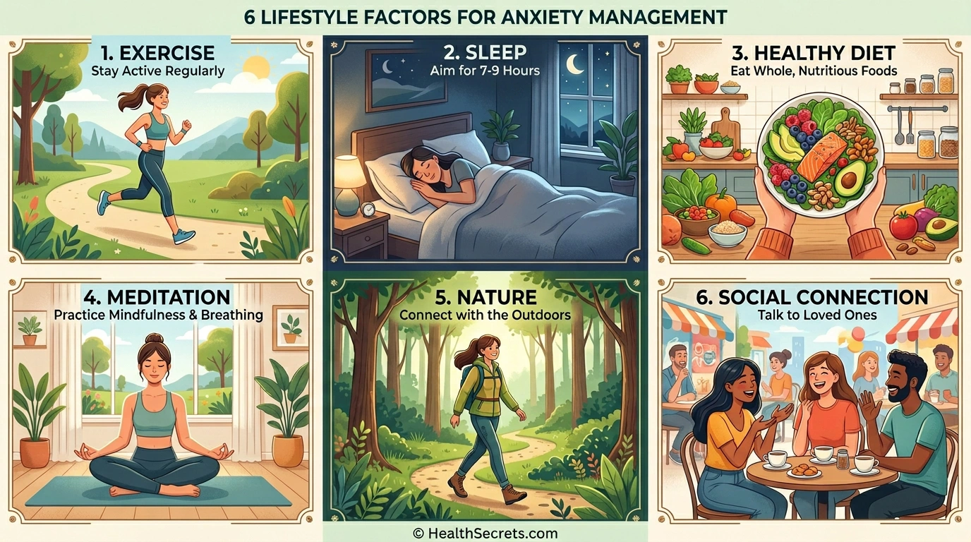 Six lifestyle changes for anxiety management: exercise, sleep, diet, meditation, nature, and social connection