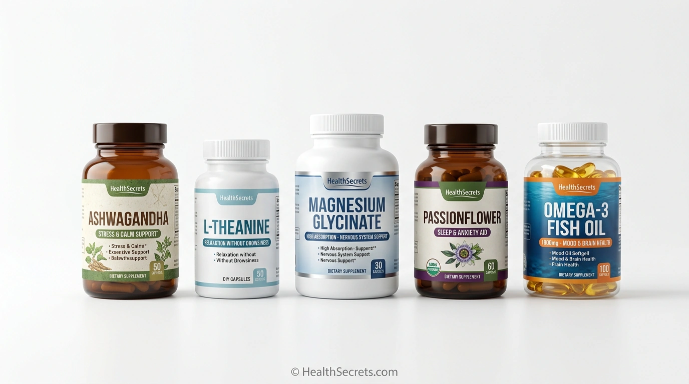 Recommended natural anxiety supplements including ashwagandha, L-theanine, magnesium, passionflower, and omega-3