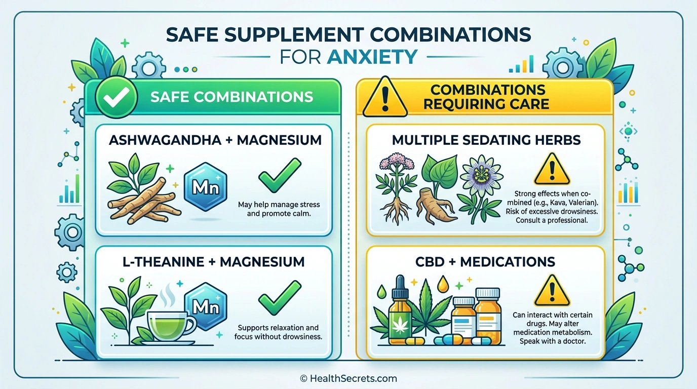 Chart showing safe and cautious supplement combinations for natural anxiety relief