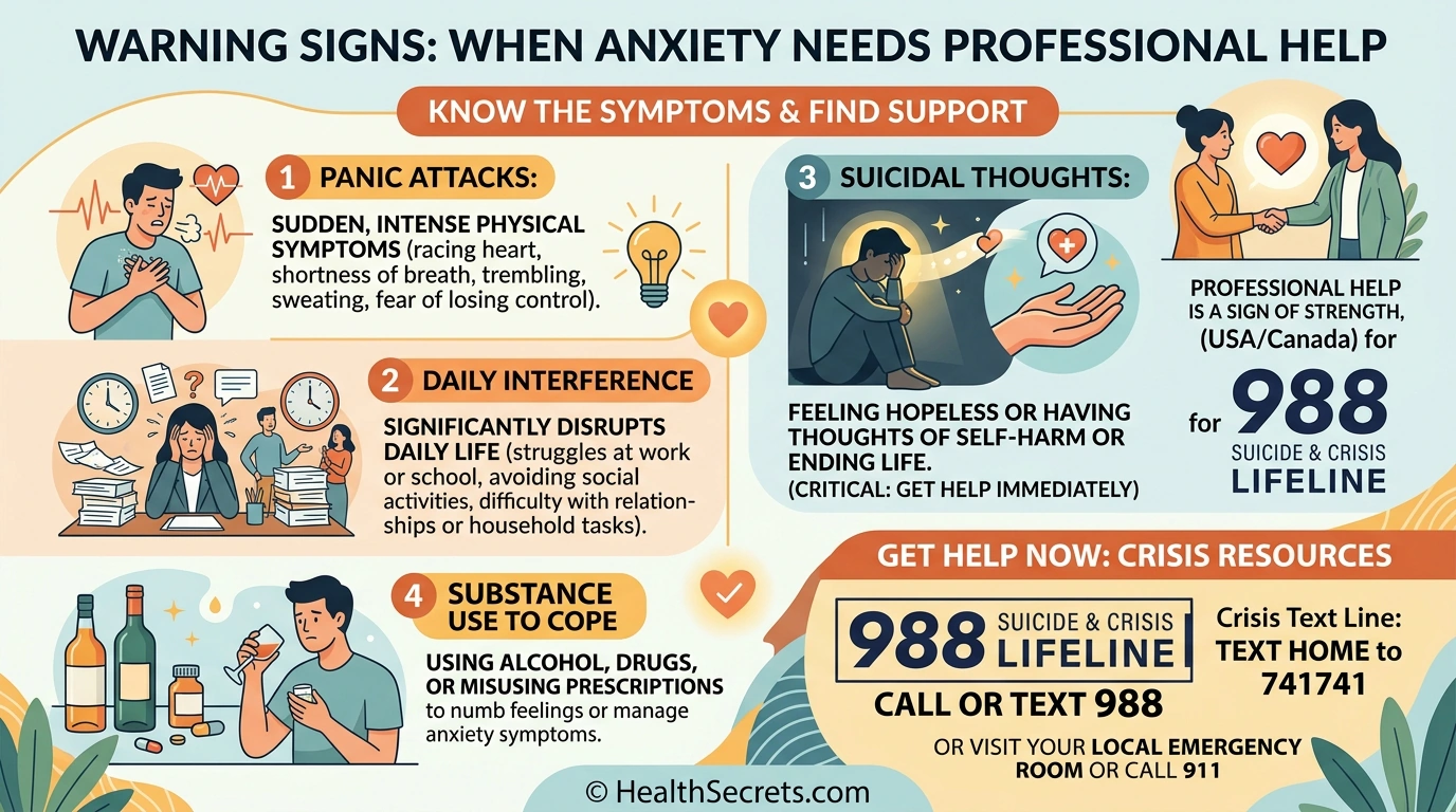 Warning signs indicating when to seek professional help for anxiety with crisis resources