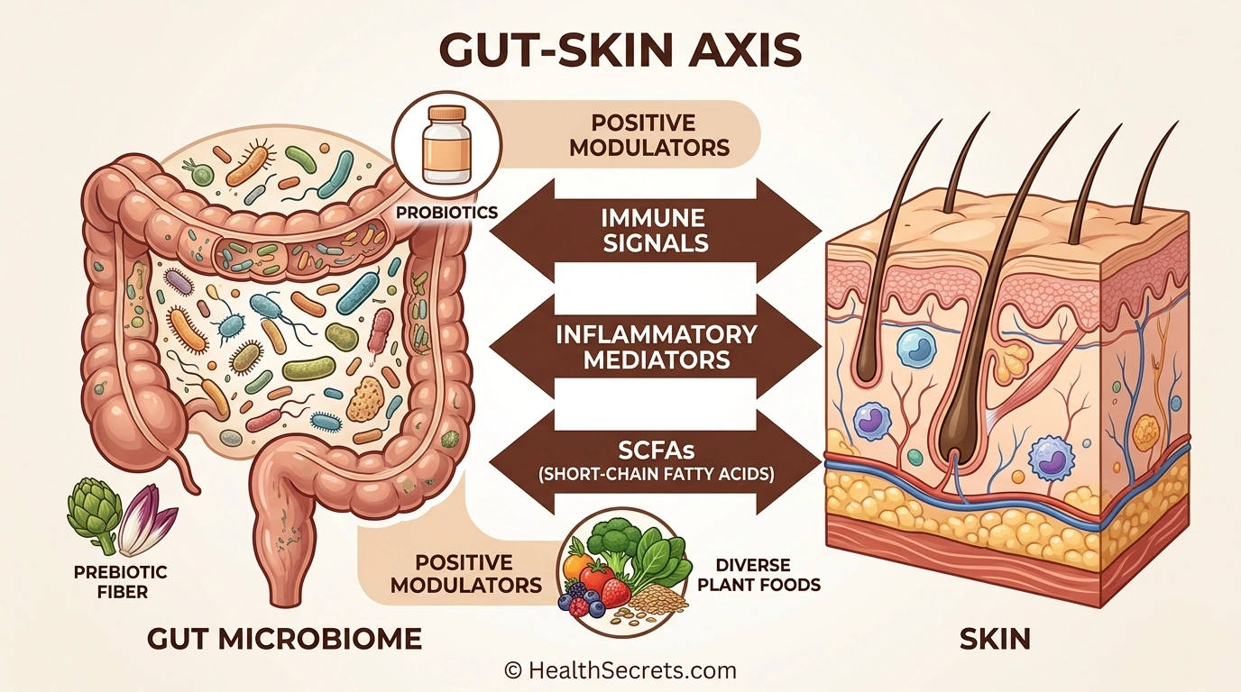 Gut-skin axis diagram showing how gut microbiome communicates with skin through immune signals and inflammatory mediators in eczema