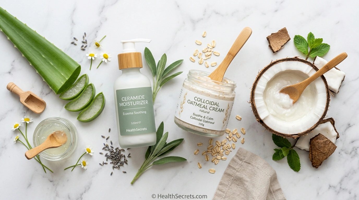 Natural eczema remedies including colloidal oatmeal coconut oil aloe vera and ceramide moisturizer arranged on marble surface