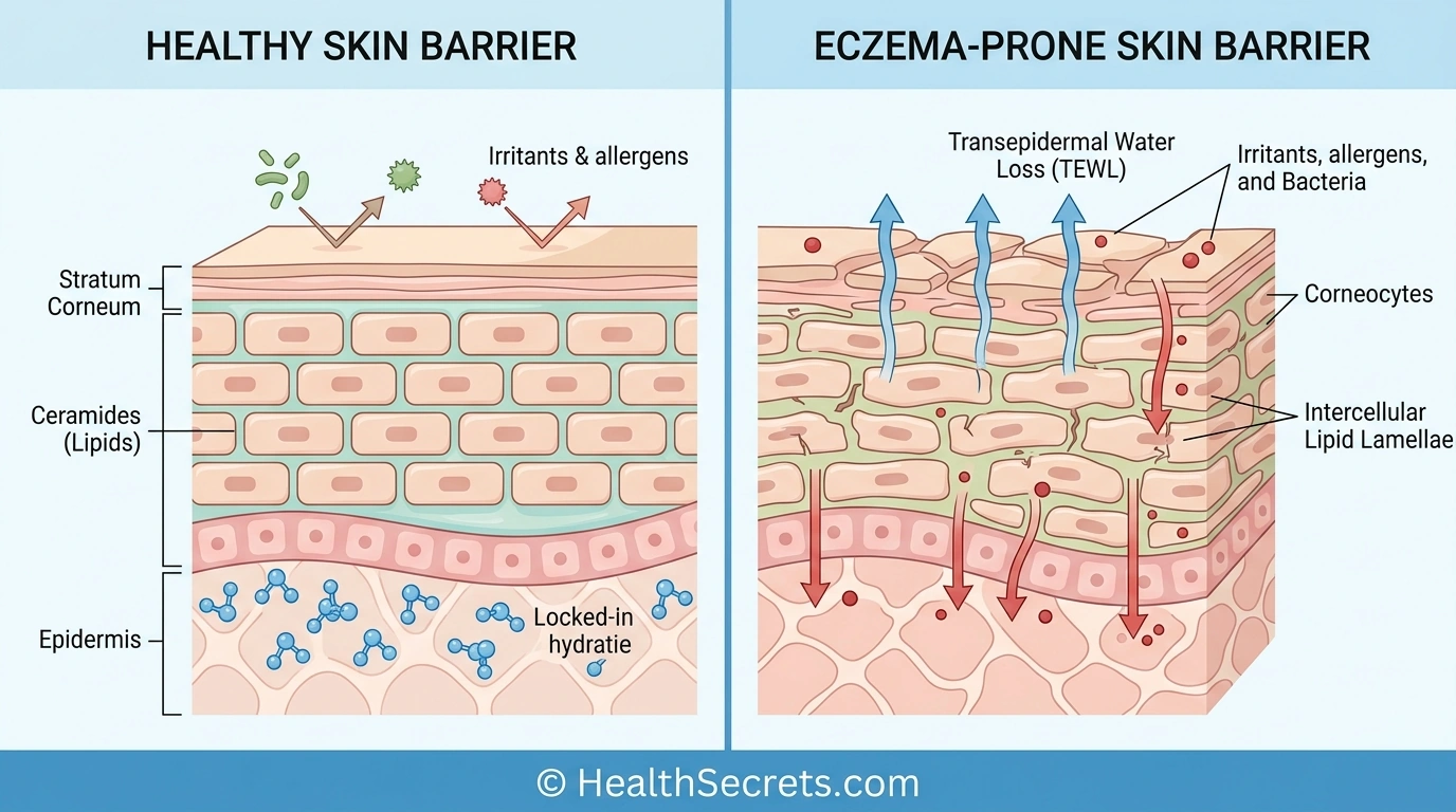 Comparison diagram of healthy skin barrier with ceramides versus eczema skin barrier showing moisture loss and irritant penetration