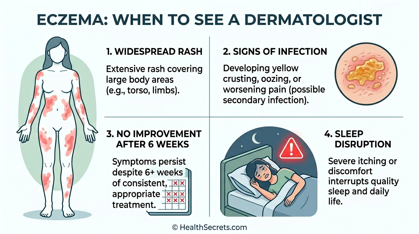 Warning signs for eczema requiring dermatologist consultation including widespread rash infection signs no improvement and sleep disruption