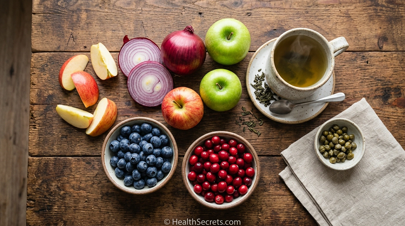 Flat lay of quercetin-rich foods including red onions apples blueberries cranberries and green tea for natural allergy relief