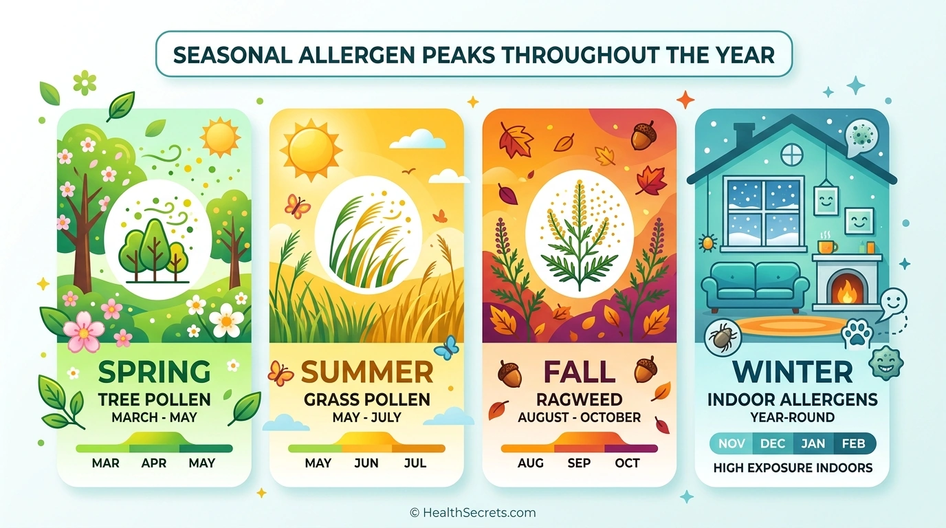 Seasonal pollen calendar showing when tree grass and ragweed allergens peak throughout the year