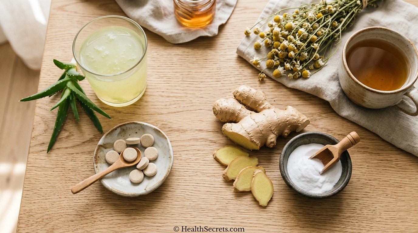 Natural remedies for heartburn including aloe vera juice, DGL licorice tablets, ginger, and baking soda arranged on a wooden surface