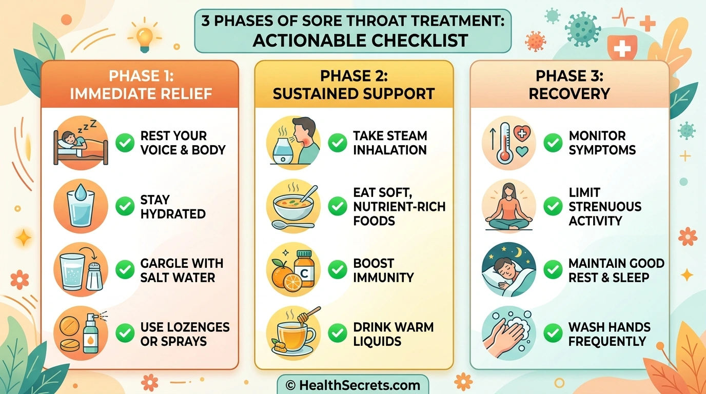 Three-phase action plan checklist for natural sore throat treatment