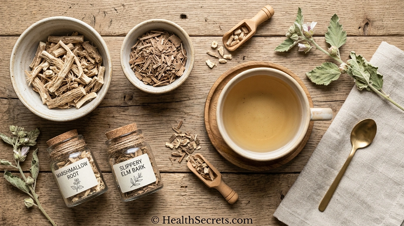 Marshmallow root and slippery elm bark herbs used as demulcents for sore throat