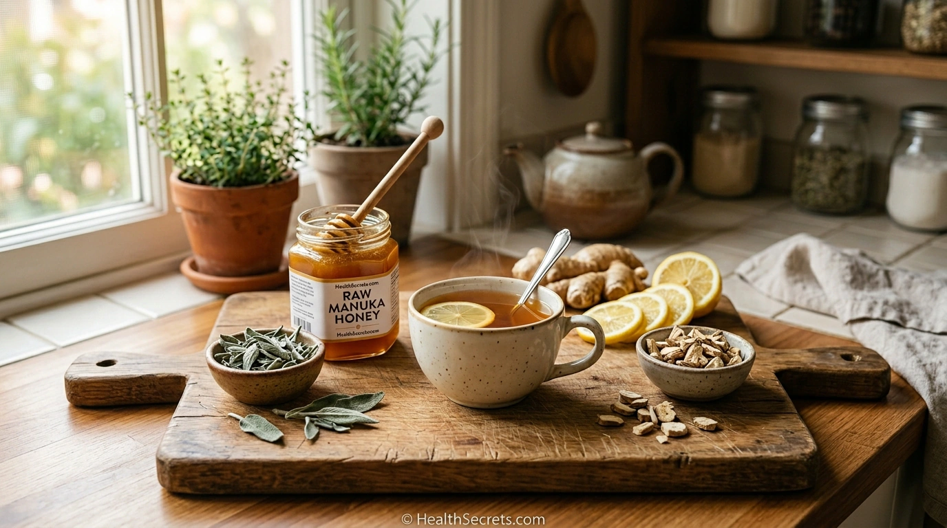 Natural sore throat remedies including honey, lemon, ginger, and herbal teas on a kitchen counter