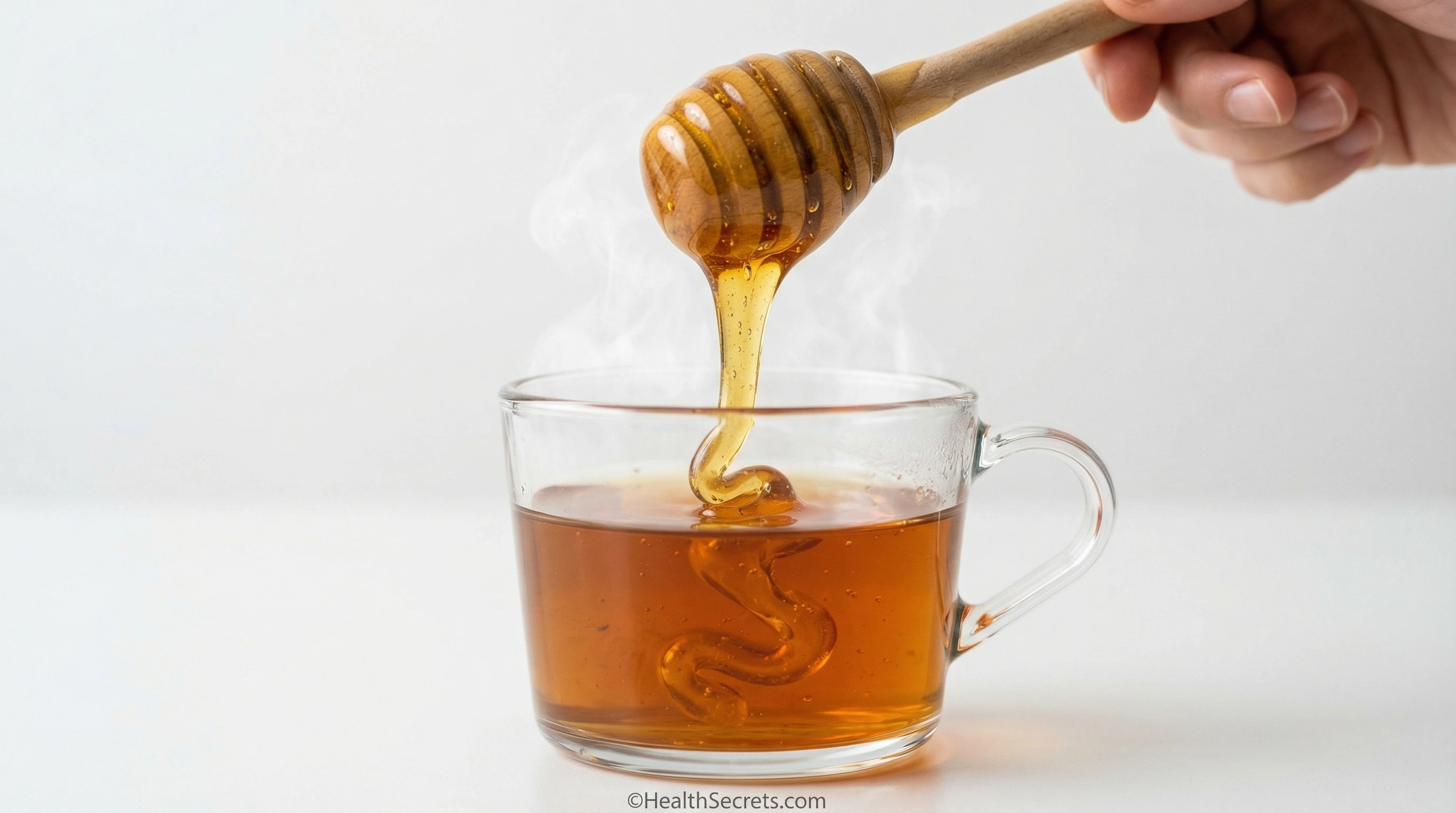 Honey being added to warm tea for natural sore throat relief