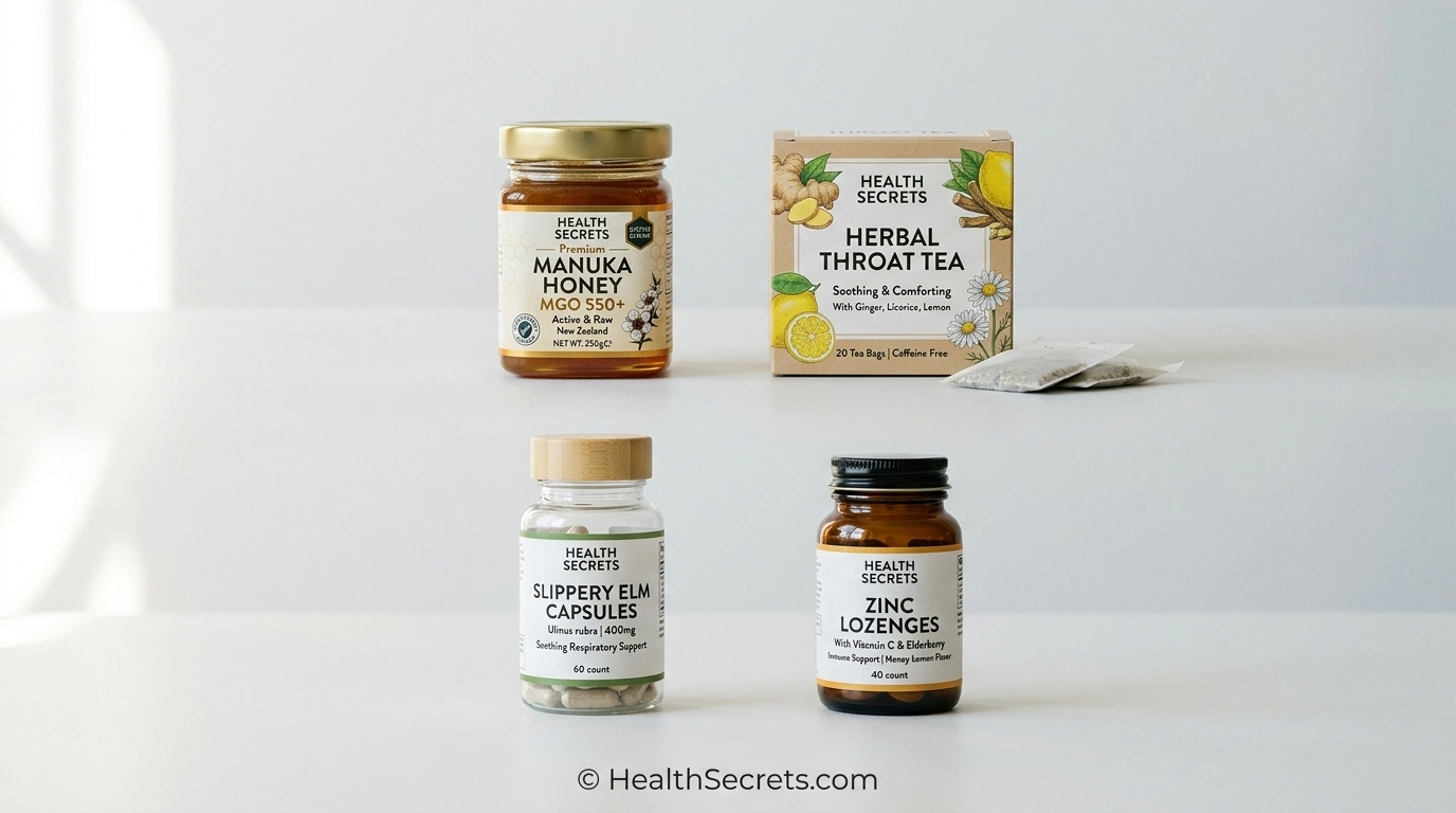 Recommended natural sore throat products including Manuka honey, herbal tea, slippery elm, and zinc lozenges