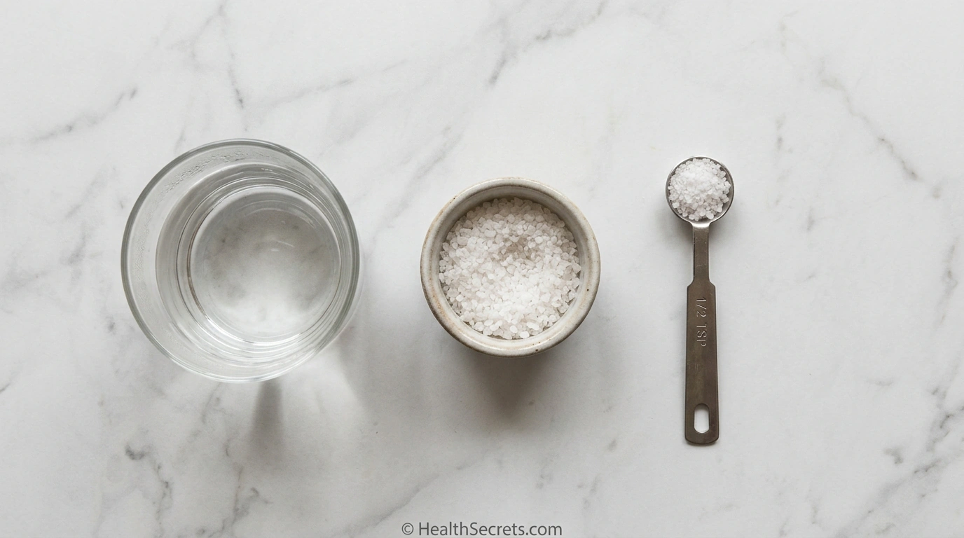 Salt water gargle ingredients showing half teaspoon of salt and warm water for sore throat relief