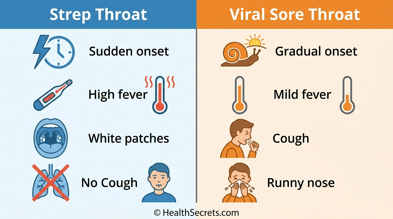 Infographic comparing strep throat versus viral sore throat symptoms