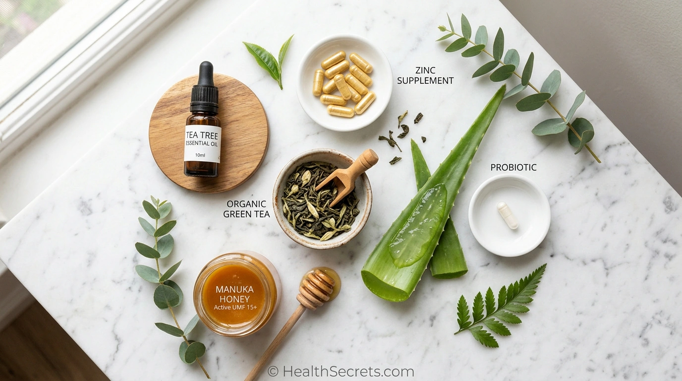 Natural acne remedies flatlay featuring tea tree oil, zinc supplements, green tea, probiotics, aloe vera, and Manuka honey
