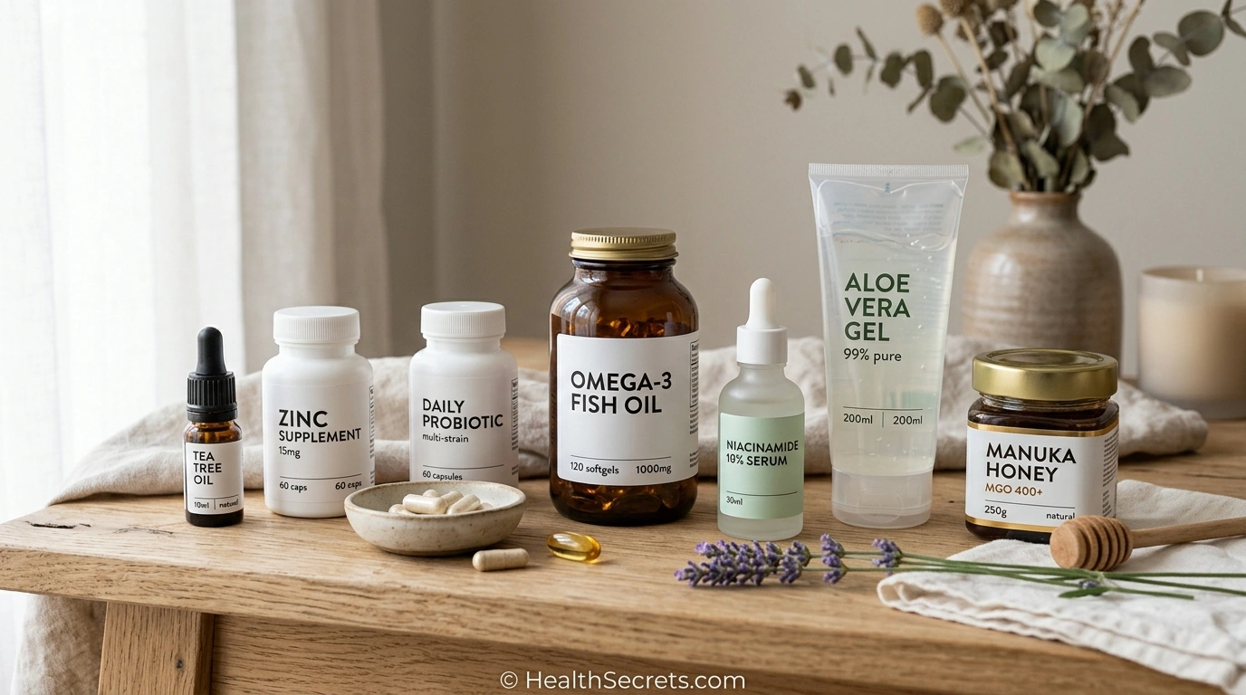Collection of recommended natural acne treatment products including supplements, serums, and topical remedies