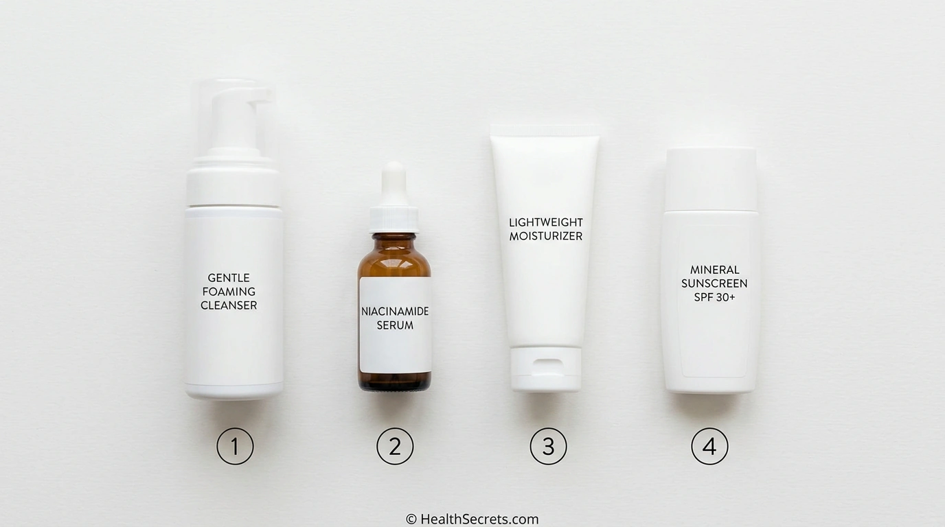 Simple four-step skincare routine for acne-prone skin with cleanser, niacinamide serum, moisturizer, and sunscreen