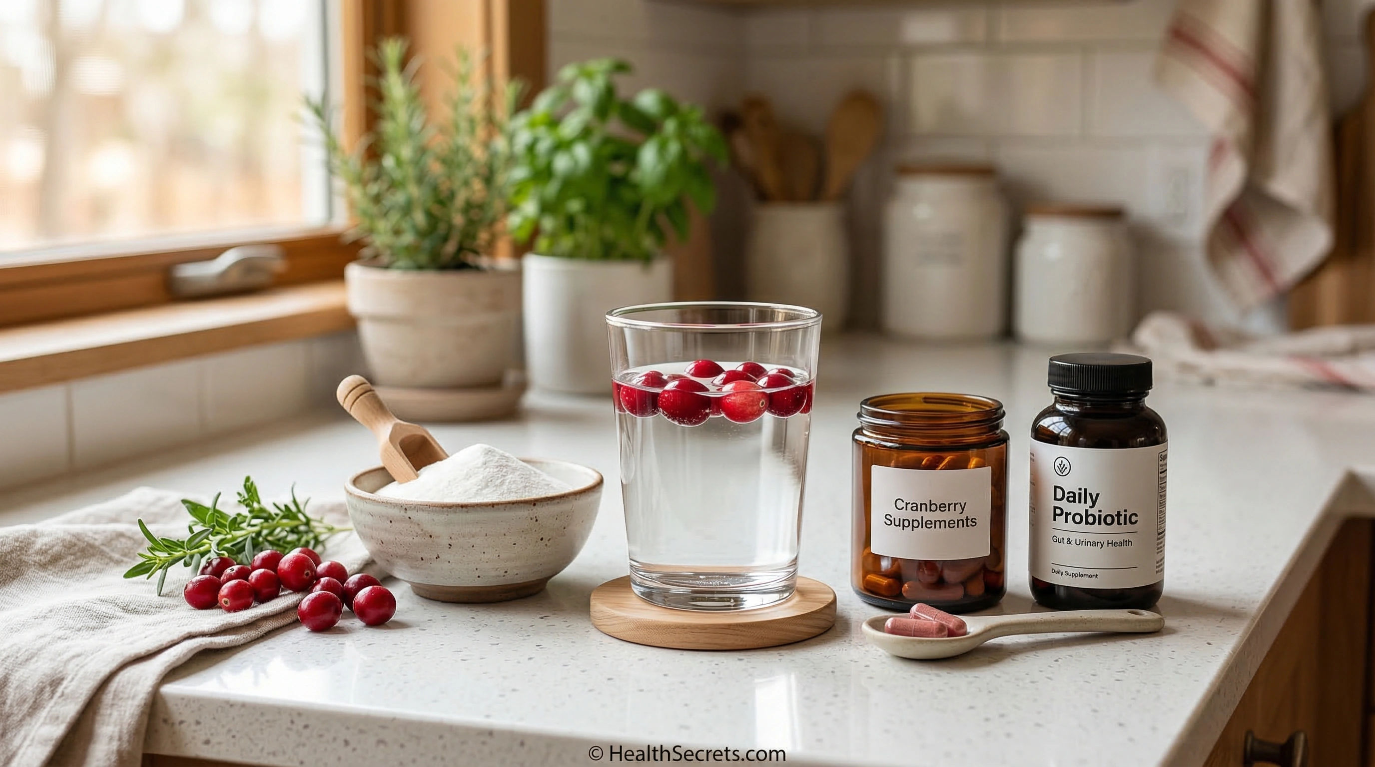 Natural UTI prevention remedies including cranberries, D-mannose powder, supplements, and water on a kitchen counter