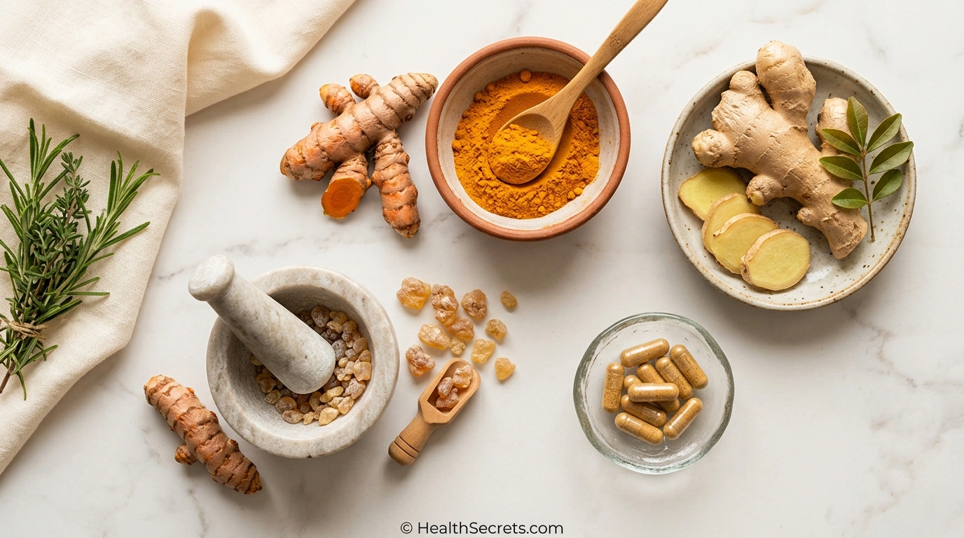 Flat lay of anti-inflammatory herbs for back pain including turmeric ginger and boswellia supplements
