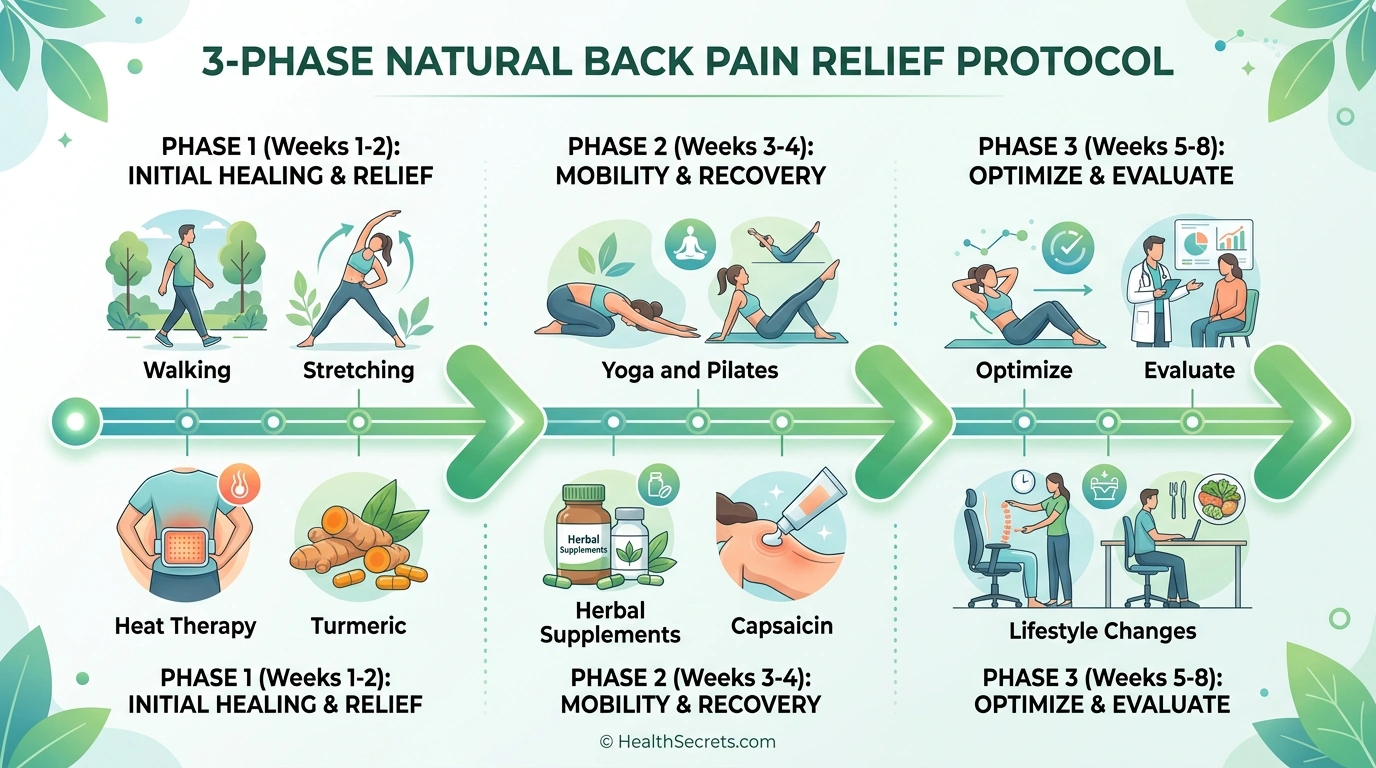 Three-phase timeline showing progressive natural back pain relief protocol over 8 weeks