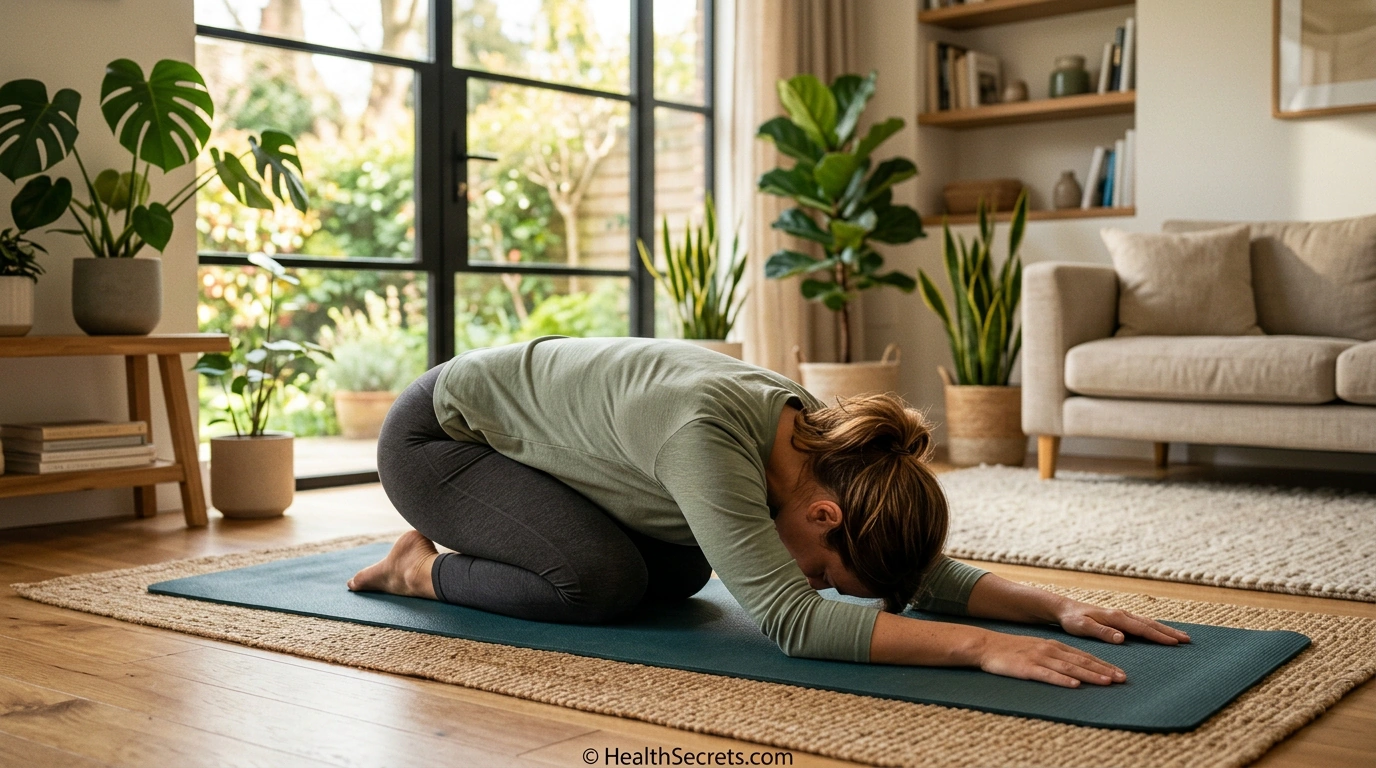 Person practicing gentle yoga stretches for natural back pain relief in a bright home setting