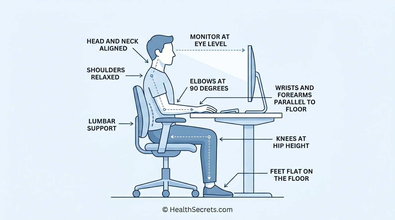 Ergonomic workstation setup diagram showing proper sitting posture to prevent back pain