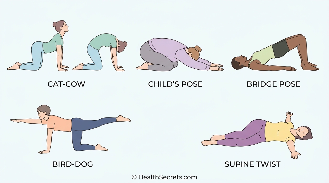 Illustrated guide showing five yoga and Pilates exercises for back pain relief including cat-cow and bridge pose