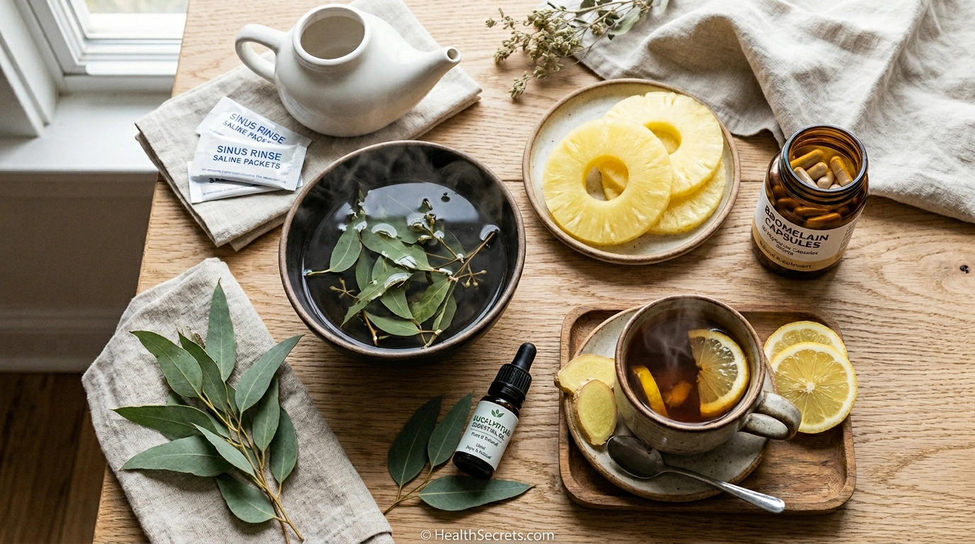 Natural remedies for sinus infection including neti pot, steam inhalation supplies, bromelain, and herbal tea arranged on wooden surface