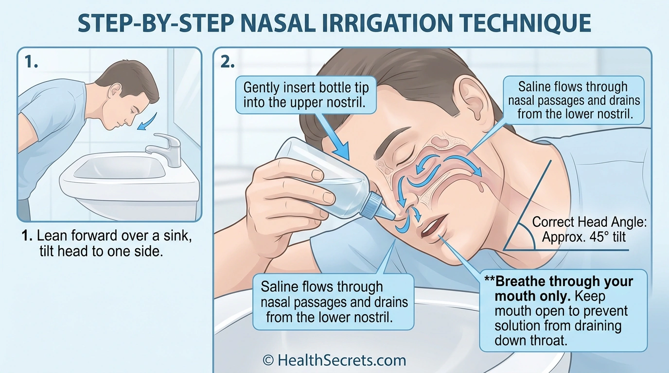 Step-by-step illustration of proper nasal irrigation technique using a squeeze bottle for sinus infection relief