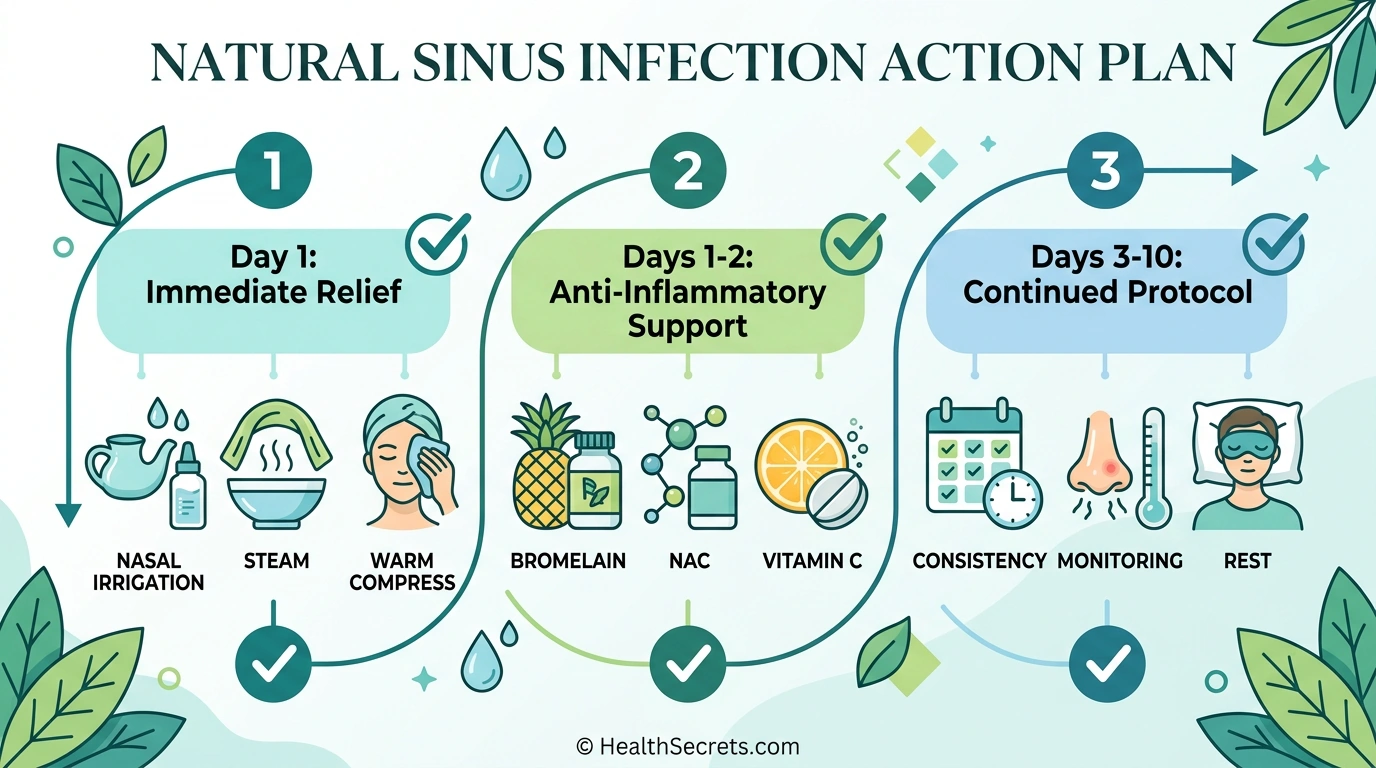 Three-phase action plan timeline for treating sinus infections naturally with immediate relief, supplements, and continued care