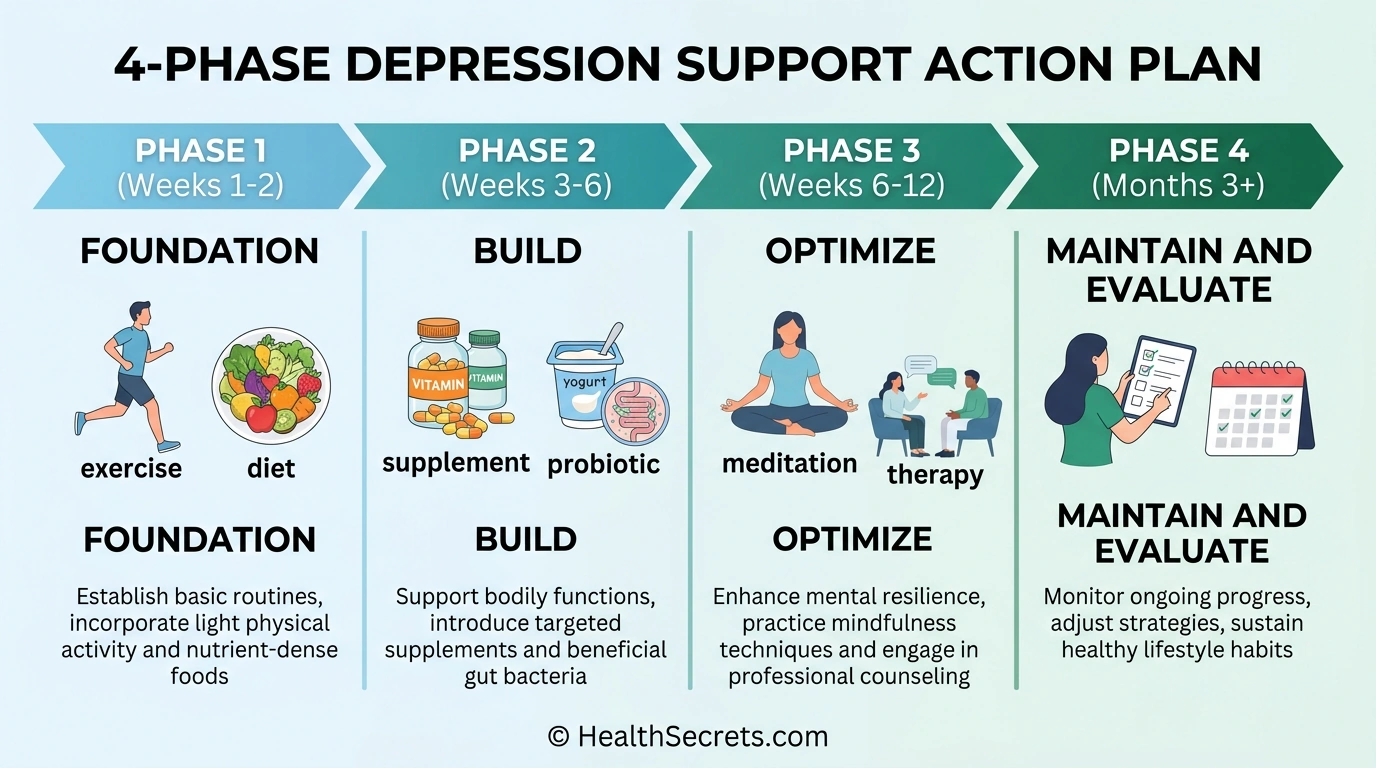 Timeline infographic showing 4-phase natural depression support action plan from weeks 1 through months 3 plus