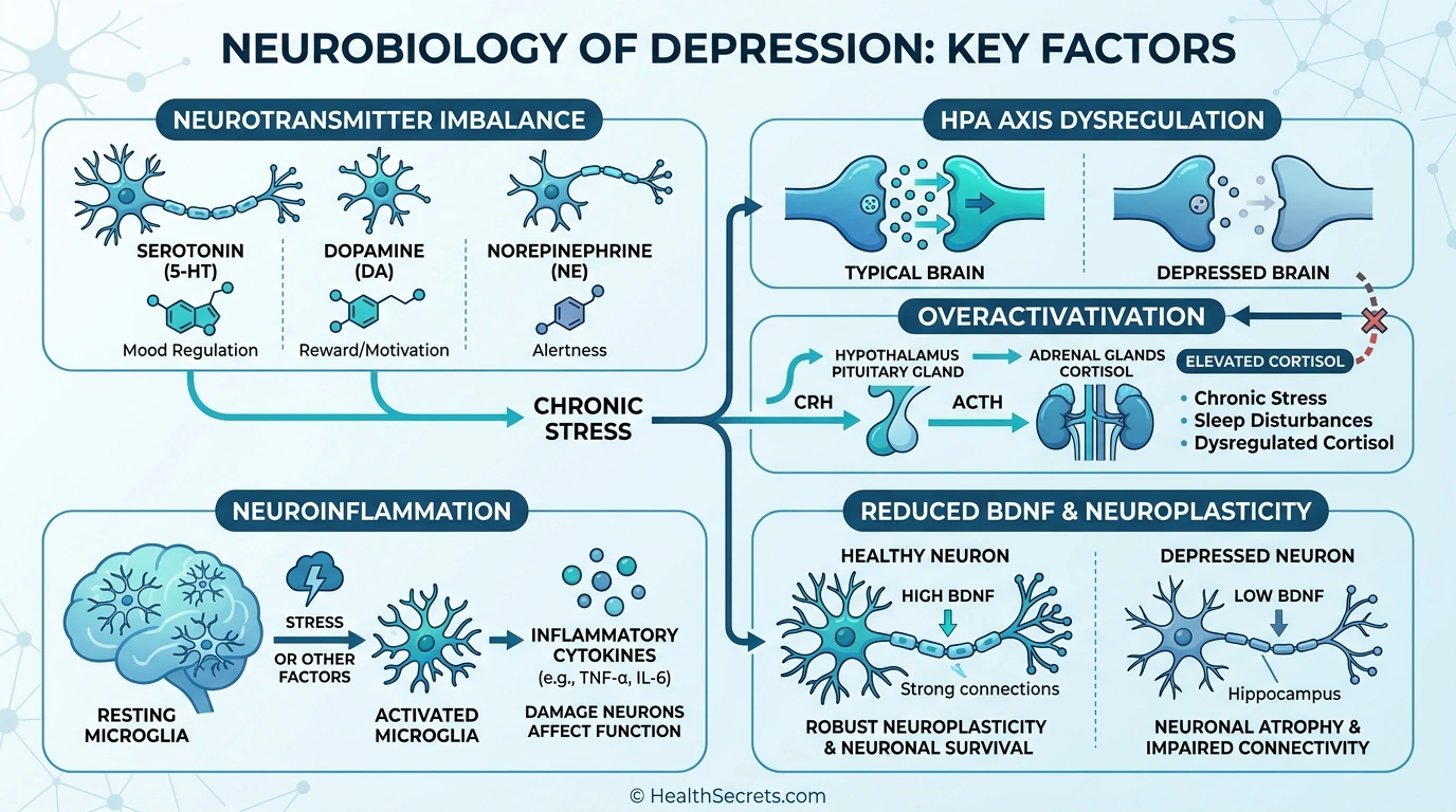 Scientific infographic showing the neurobiology of depression including neurotransmitter imbalance and neuroinflammation