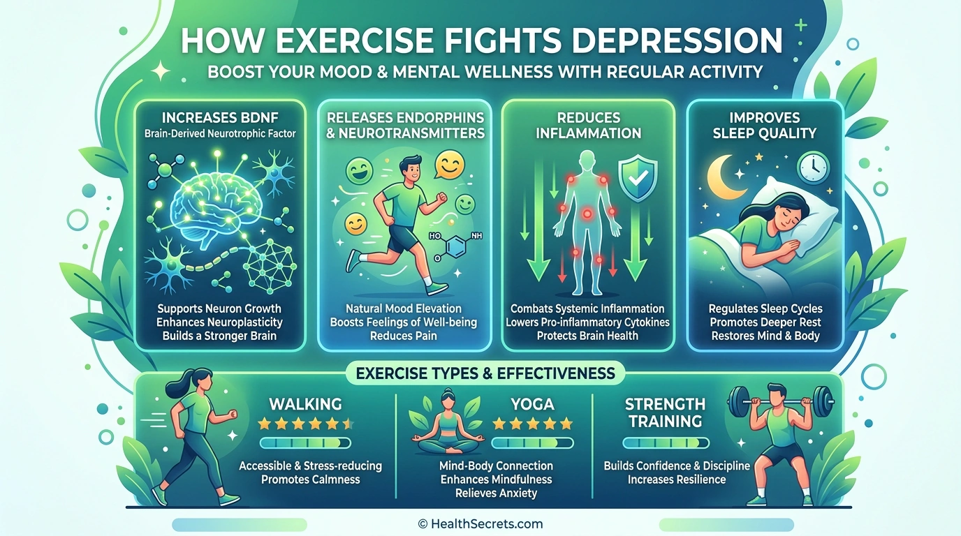 Infographic showing how exercise fights depression through BDNF endorphins and inflammation reduction