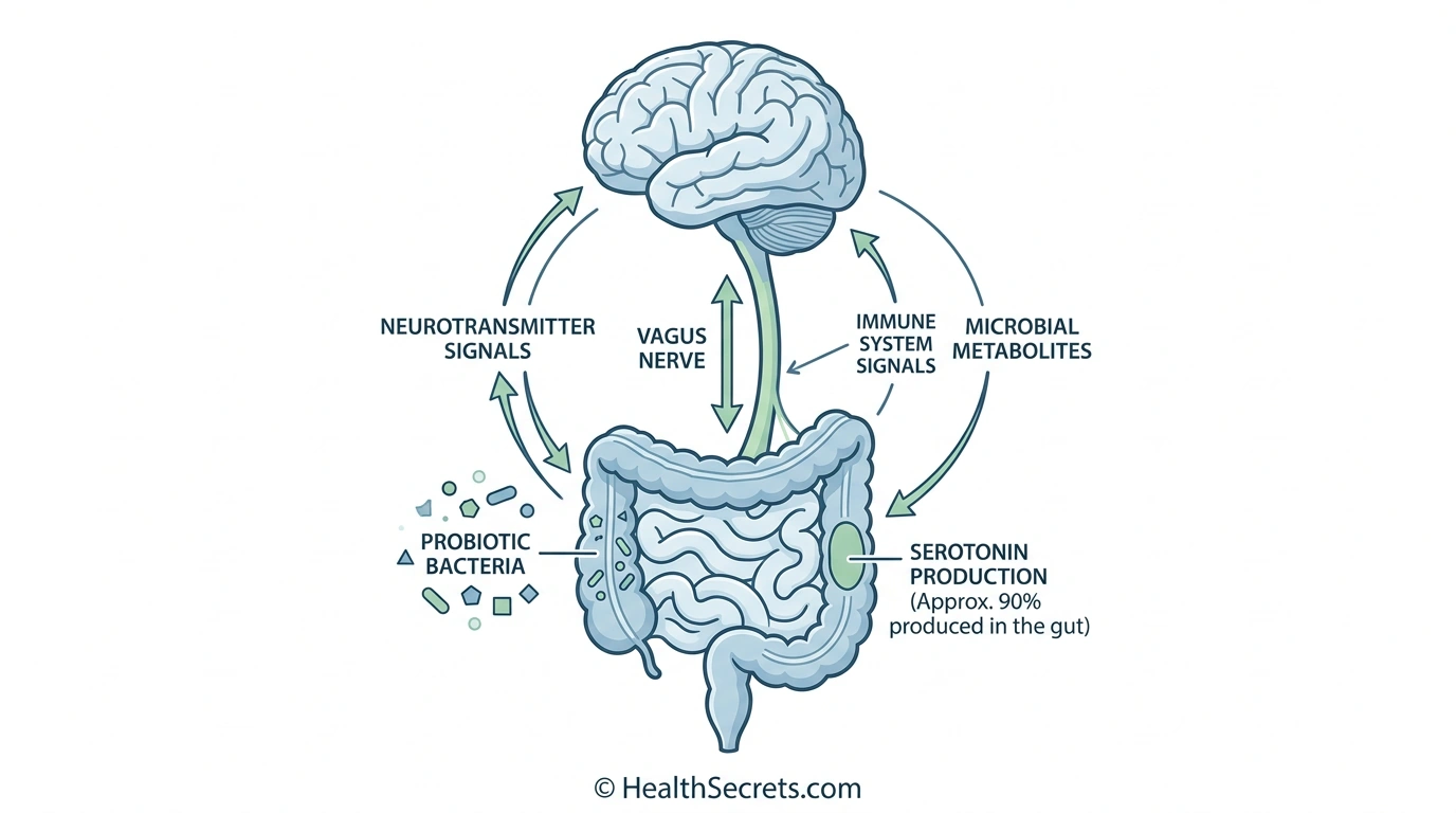 Diagram showing the gut-brain axis connection with serotonin production and vagus nerve communication for mood